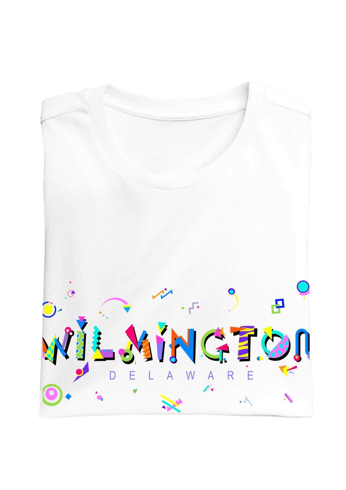 WILMINGTON, DELAWARE, colorful Memphis Style Font on white folded tee