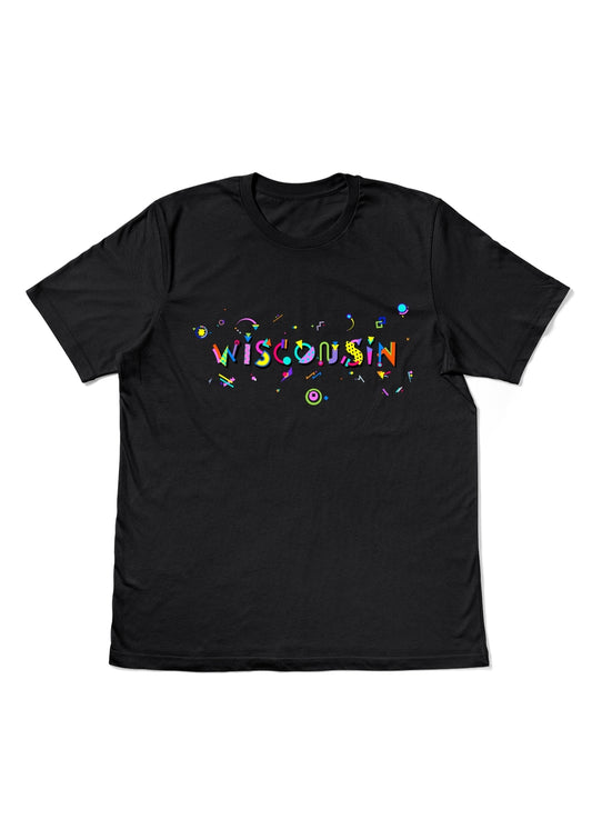 WISCONSIN, printed colorful Memphis style font black flat tee
