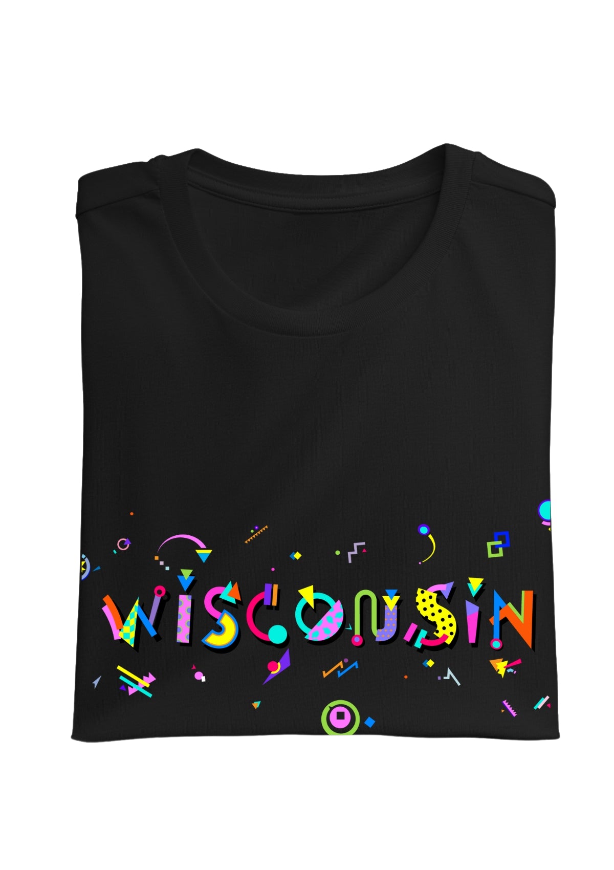 WISCONSIN, printed colorful Memphis font black folded tee