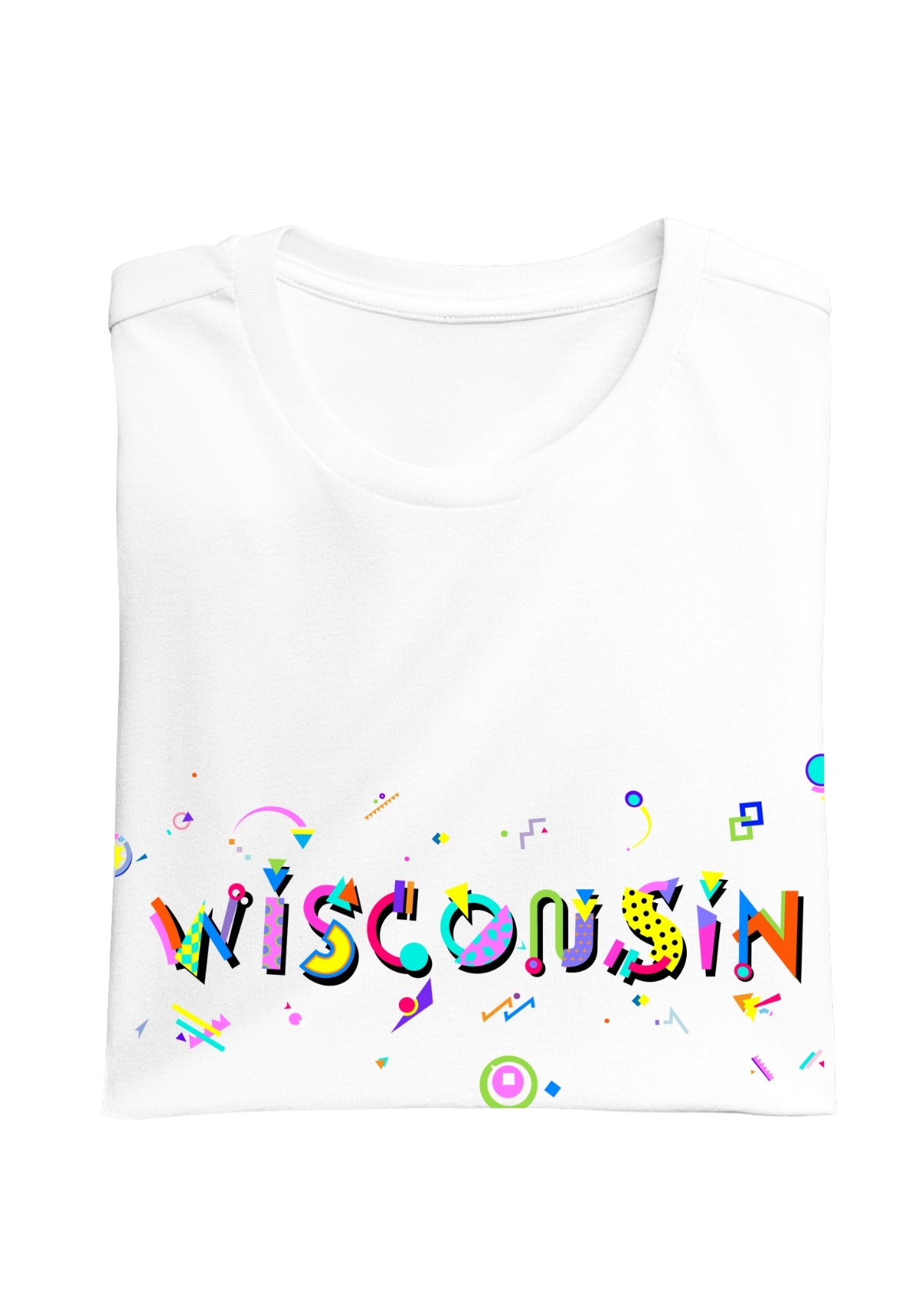 WISCONSIN printed in colorful letters - Memphis style fonts - white-folded-tee
