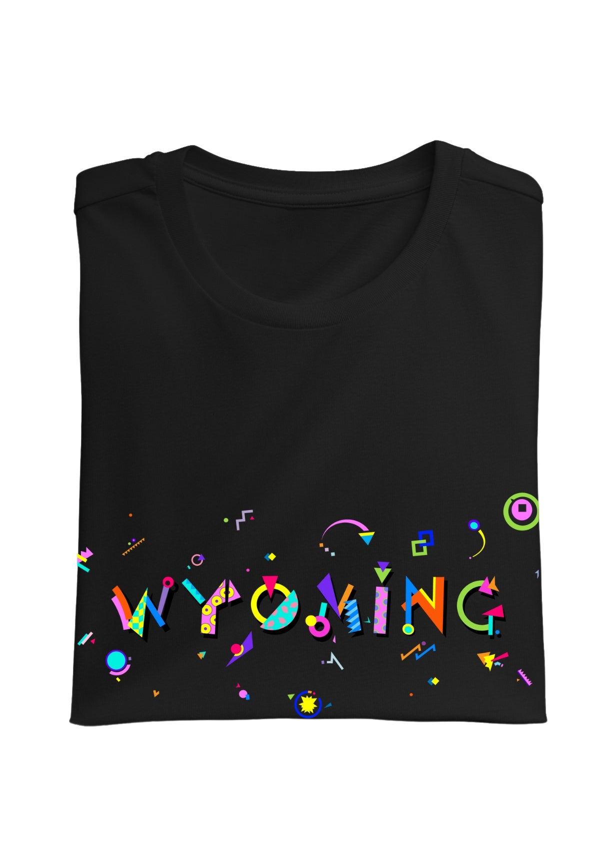 WYOMING, printed colorful Memphis font black folded tee