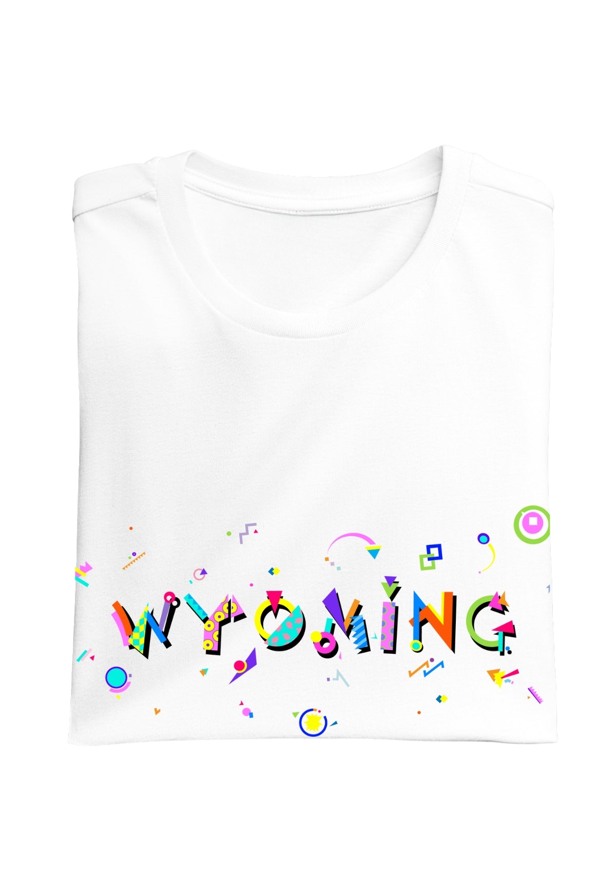 WYOMING, printed colorful Memphis font white folded tee