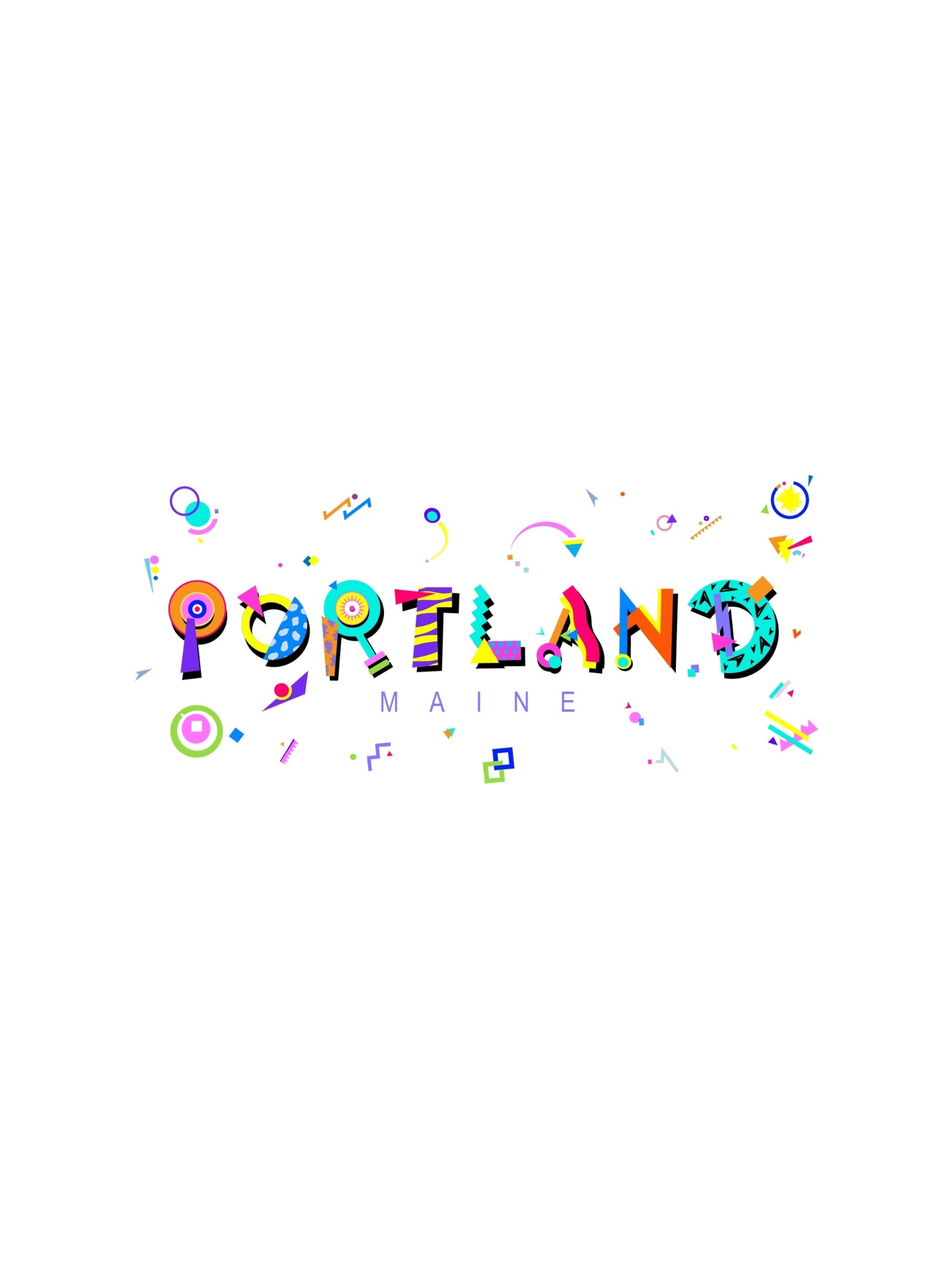 Colorful graphic t-shirt with 'PORTLAND Maine' memphis text and various retro-style design elements