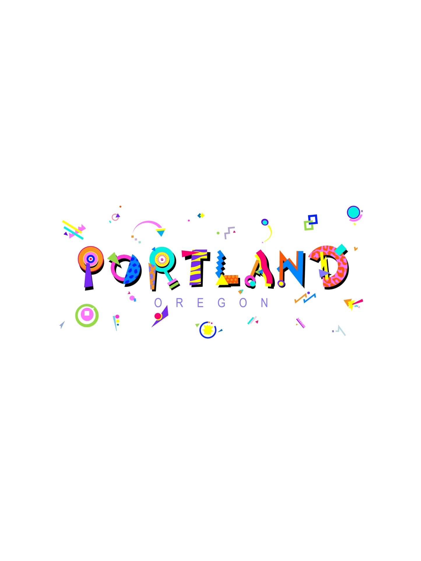 A colorful graphic t-shirt with the word 'PORTLAND' in bold letters, featuring a vibrant Memphis-style pattern with geometric shapes