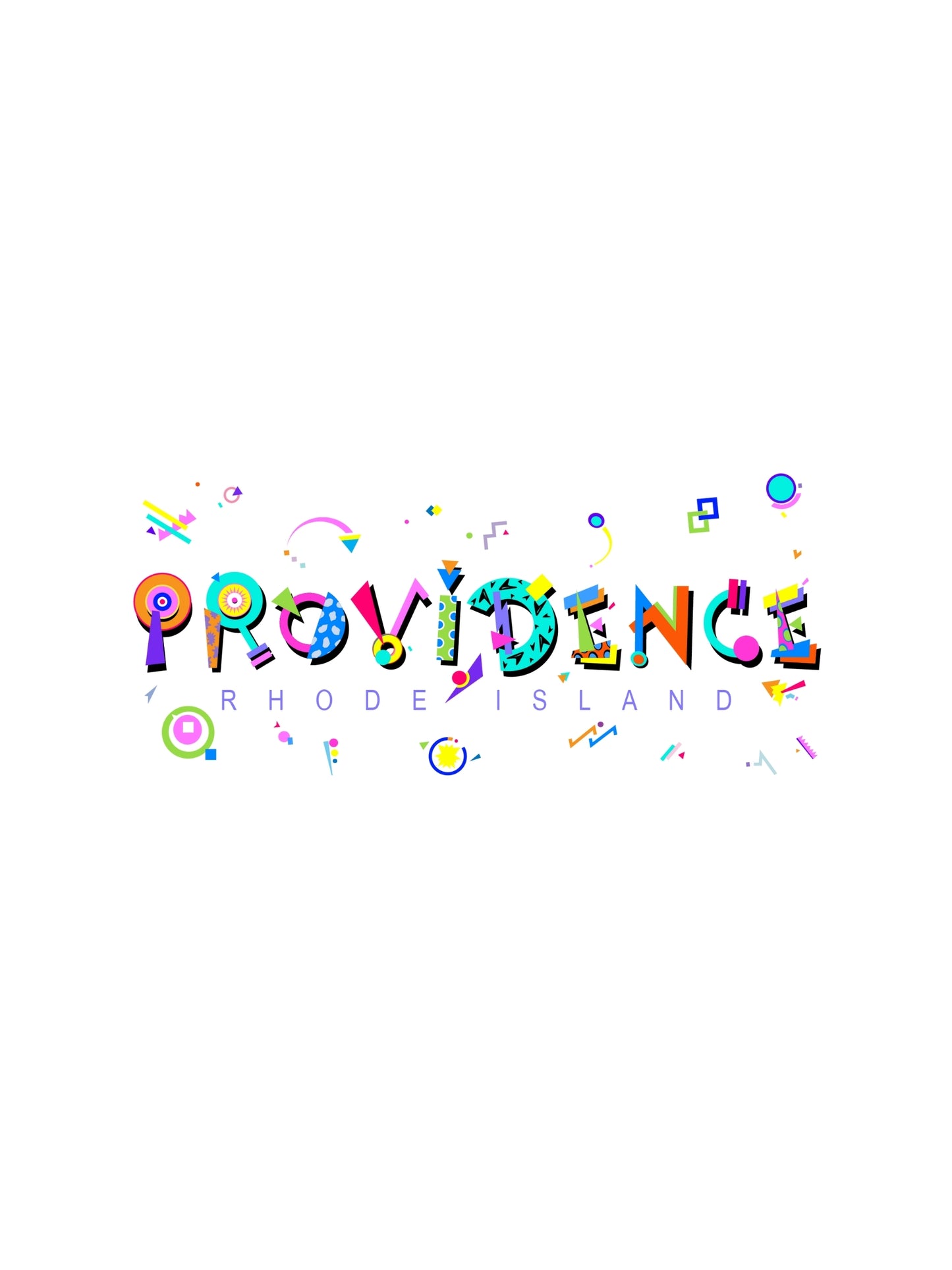 A colorful graphic t-shirt with 'PROVIDENCE RHODE ISLAND' written in bold memphis style fonts, featuring a mix of geometric shapes