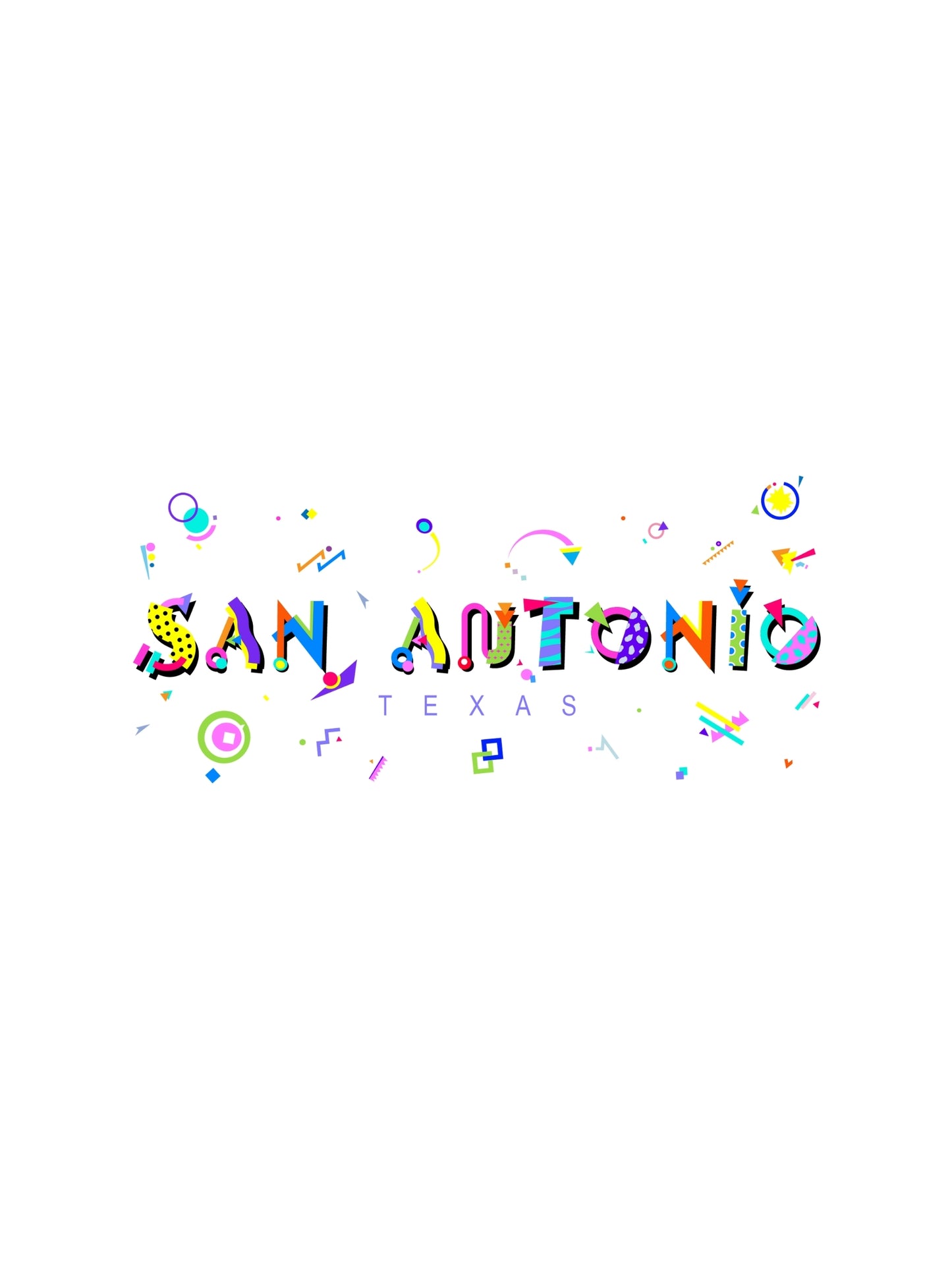 san antonio souvenir t-shirt in bright colorful memphis style art fonts