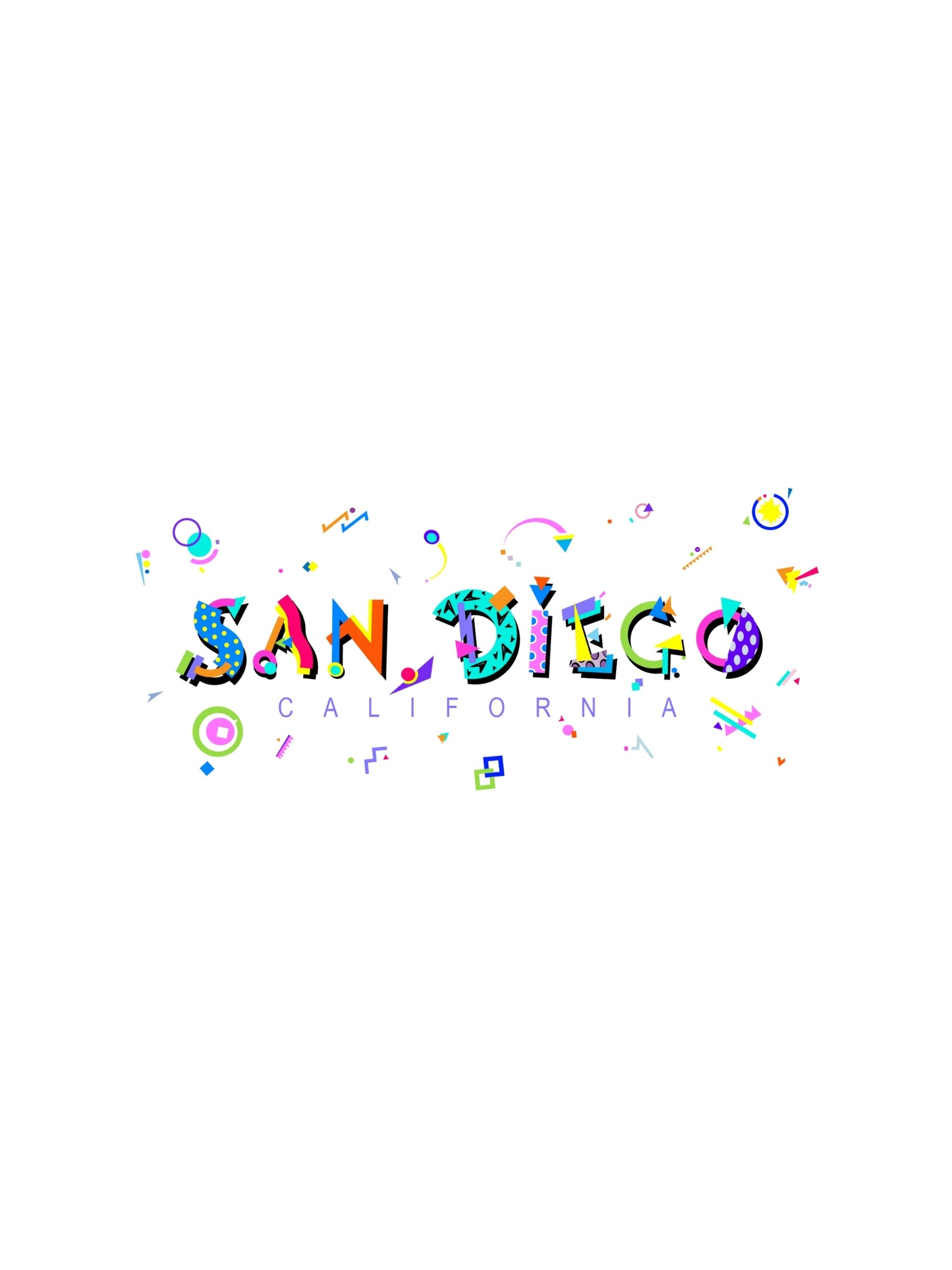 A colorful graphic t-shirt with 'SAN DIEGO CALIFORNIA' printed in bold letters, featuring a vibrant design with geometric shapes in memphis art style