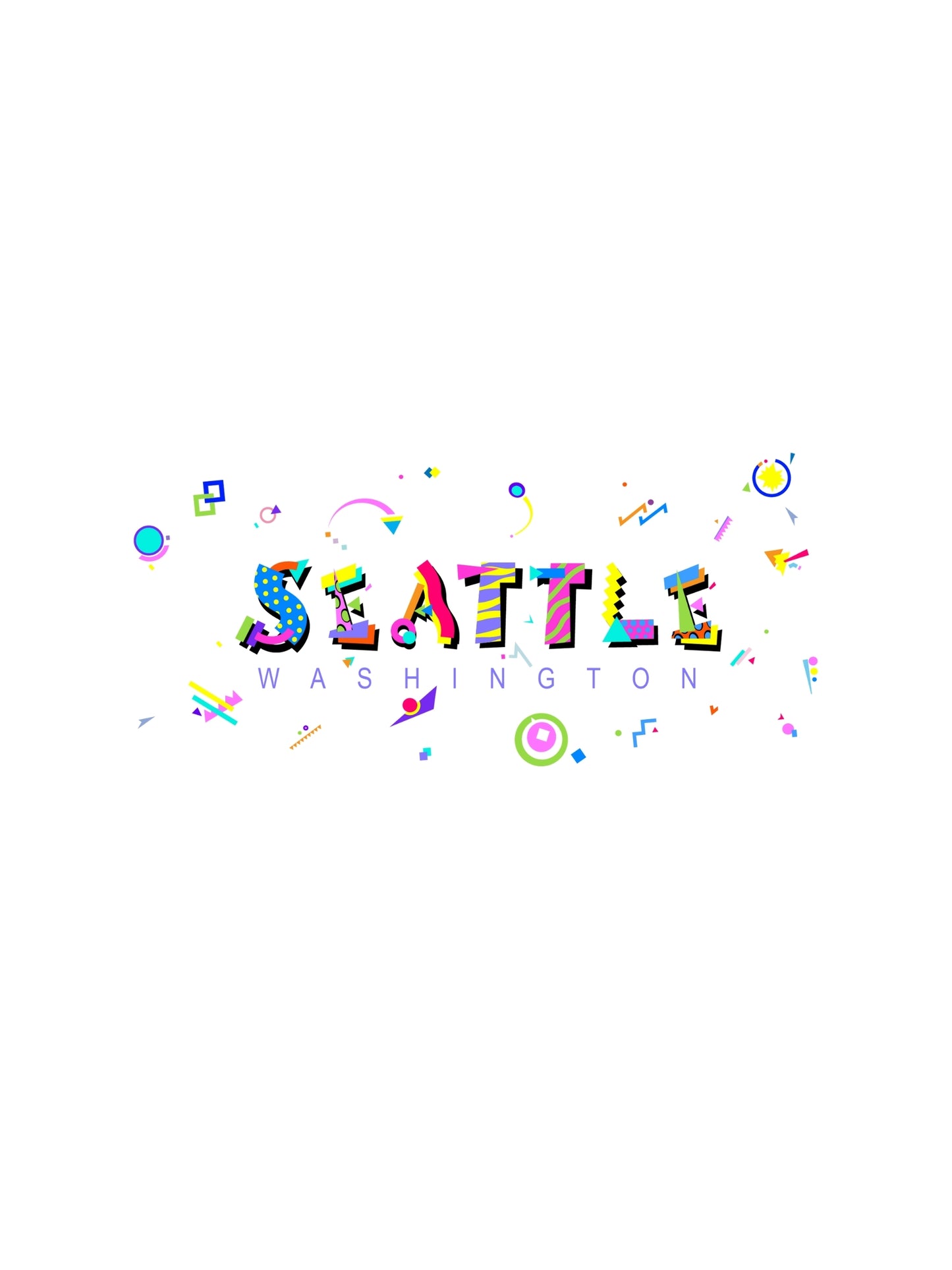 A colorful graphic t-shirt with the word 'SEATTLE' in bold letters, accompanied by Memphis-style geometric patterns and various small icons.