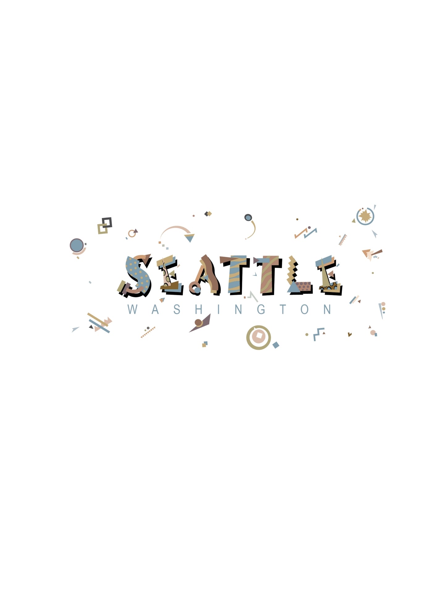 A neutral graphic t-shirt with the word 'SEATTLE' in bold letters, accompanied by Memphis-style geometric patterns and various small icons.