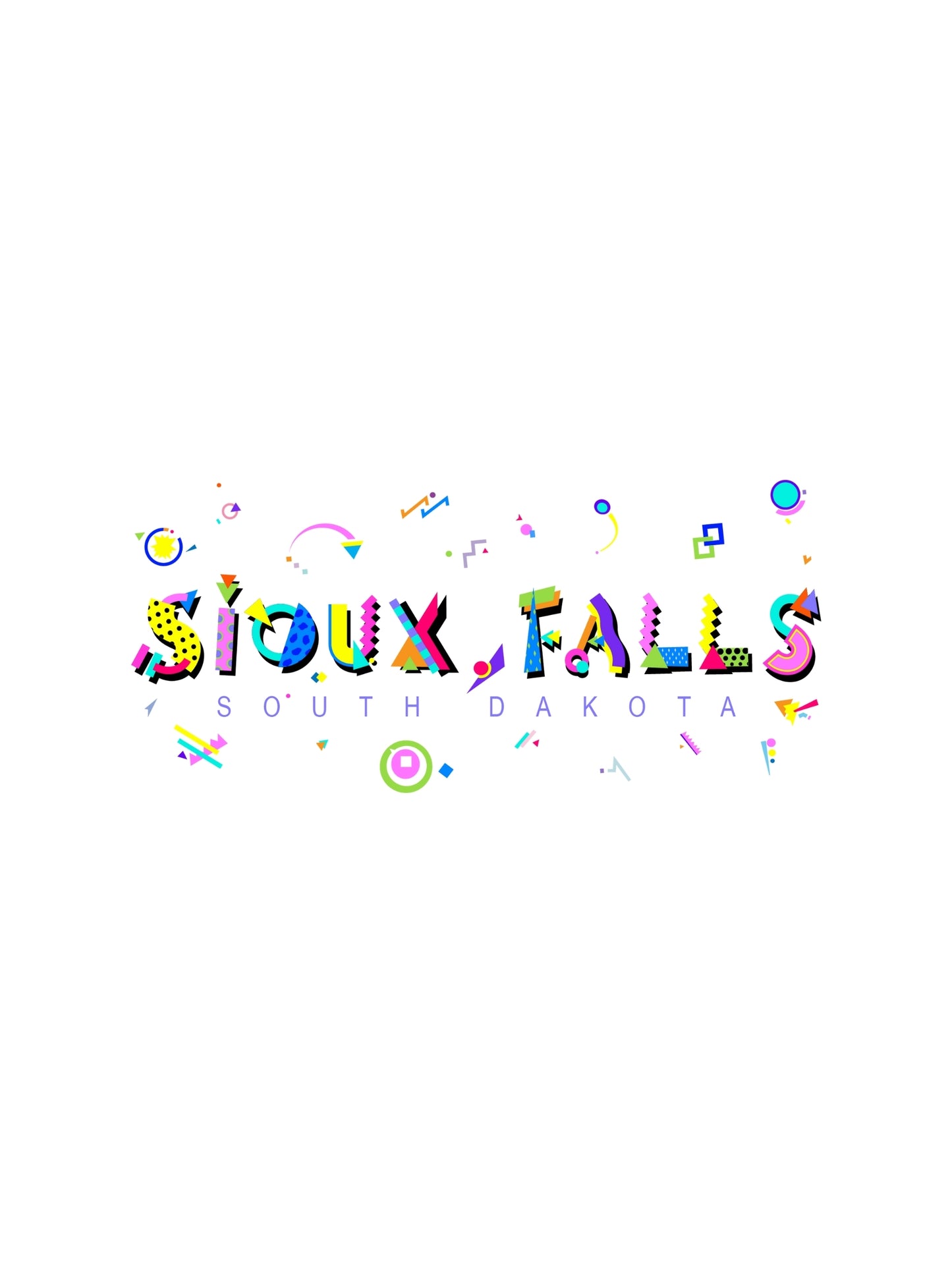 A colorful graphic t-shirt with 'Sioux Falls, South Dakota' text in bold letters, accompanied by playful geometric designs.