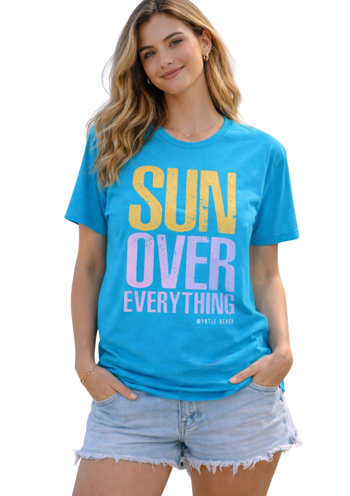 Model wearing a Myrtle Beach sun over everything t-shirt coastal blue