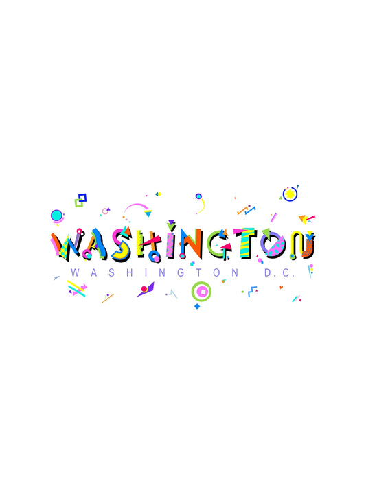 the graphic t-shirt of washington, DC is a colorful POPtype style art font