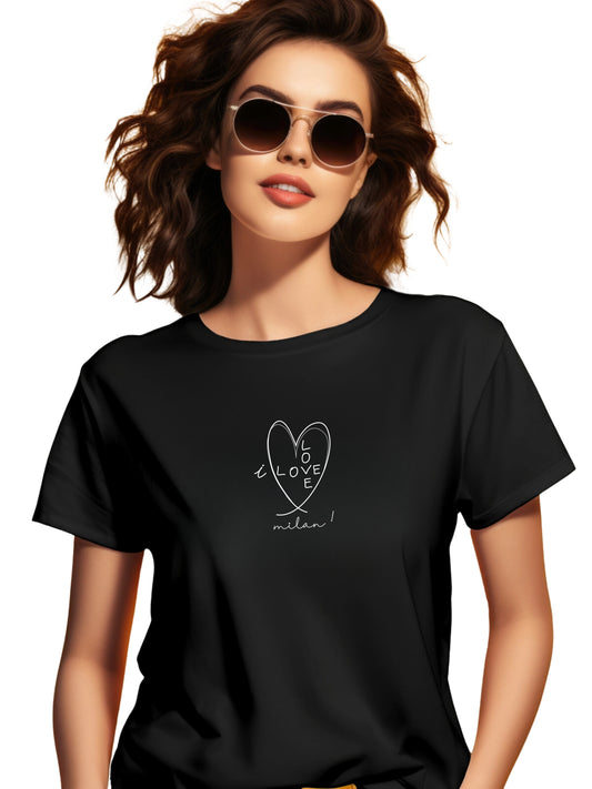 women wearing I Love Milan black t-shirt wearing sunglasses