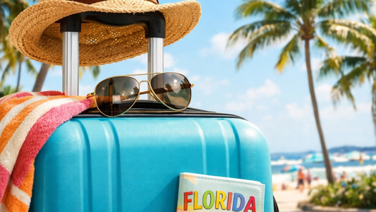 tourist arriving in florida palm trees sunshine travel lifestyle