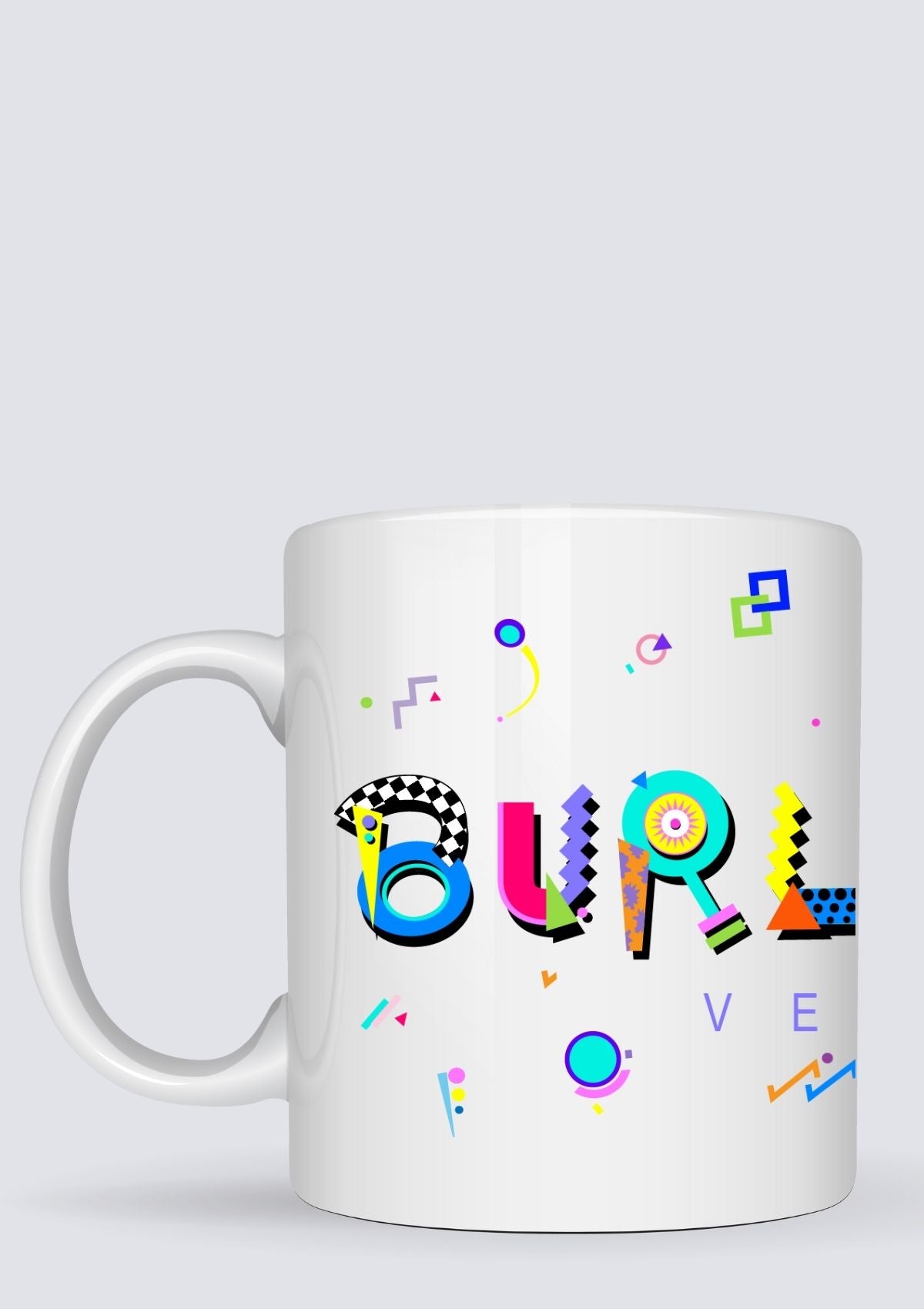 Burlington white ceramic mug in the POPtype font