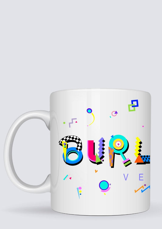 Burlington white ceramic mug in the POPtype font
