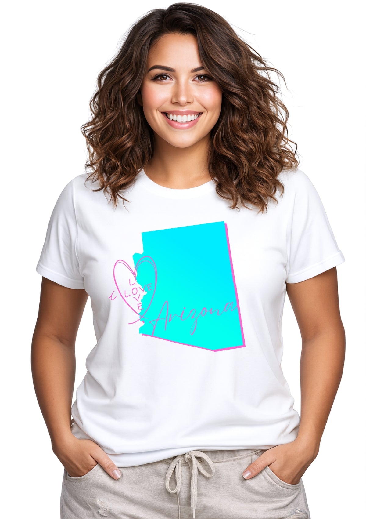 women wearing a I Love Arizona t-shirt that features the map of arizonia in acqua blue and pink highlights