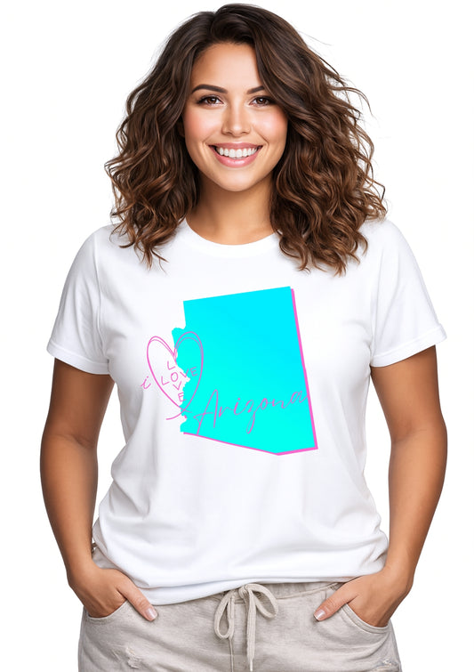 women wearing a I Love Arizona t-shirt that features the map of arizonia in acqua blue and pink highlights