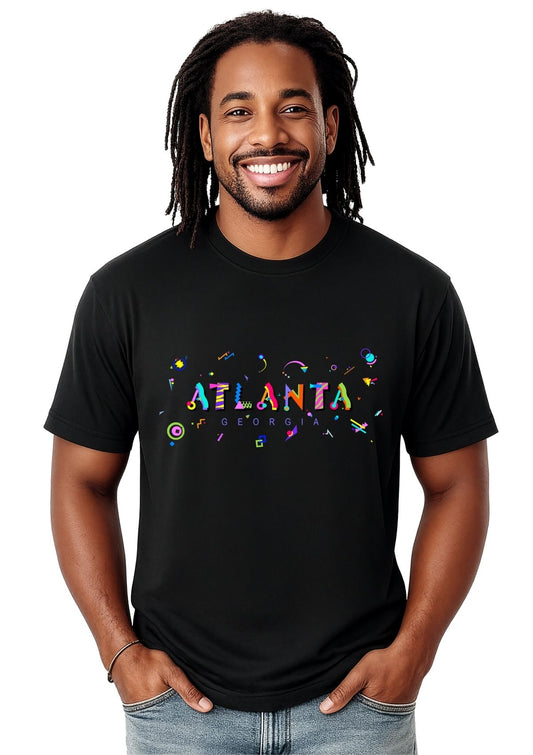 Man wearing a black t-shirt with 'Atlanta' in colorful letters on a white background