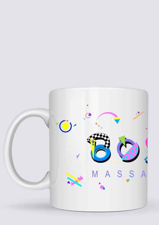 Boston Massachusetts white ceramic coffee mug in the POPtype font 