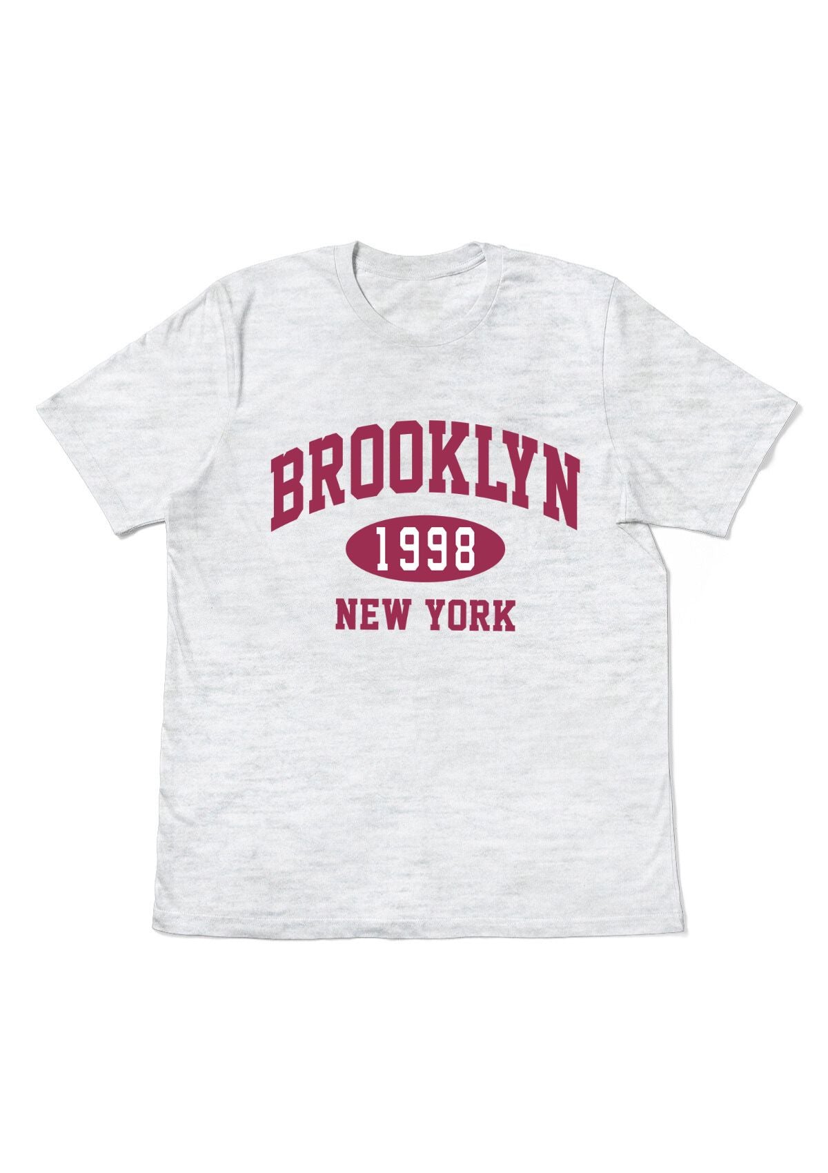 atletic gray t-shirt with brooklyn new york 1998 printed in maroon red varsity style lettering