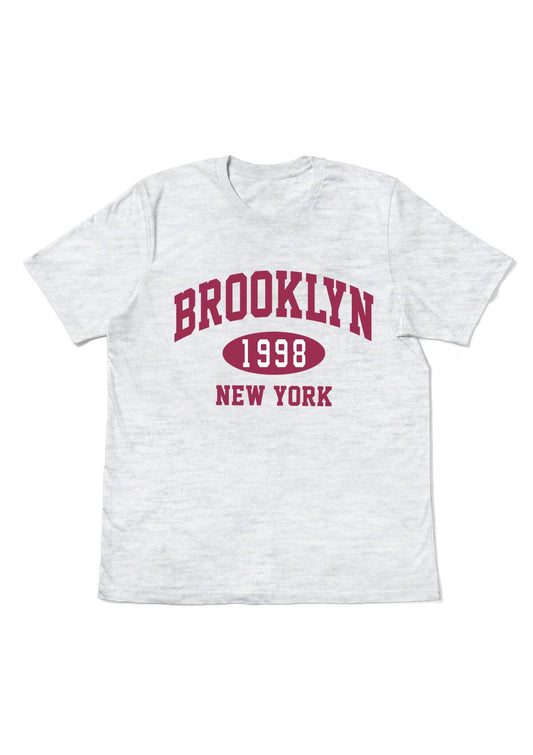 atletic gray t-shirt with brooklyn new york 1998 printed in maroon red varsity style lettering