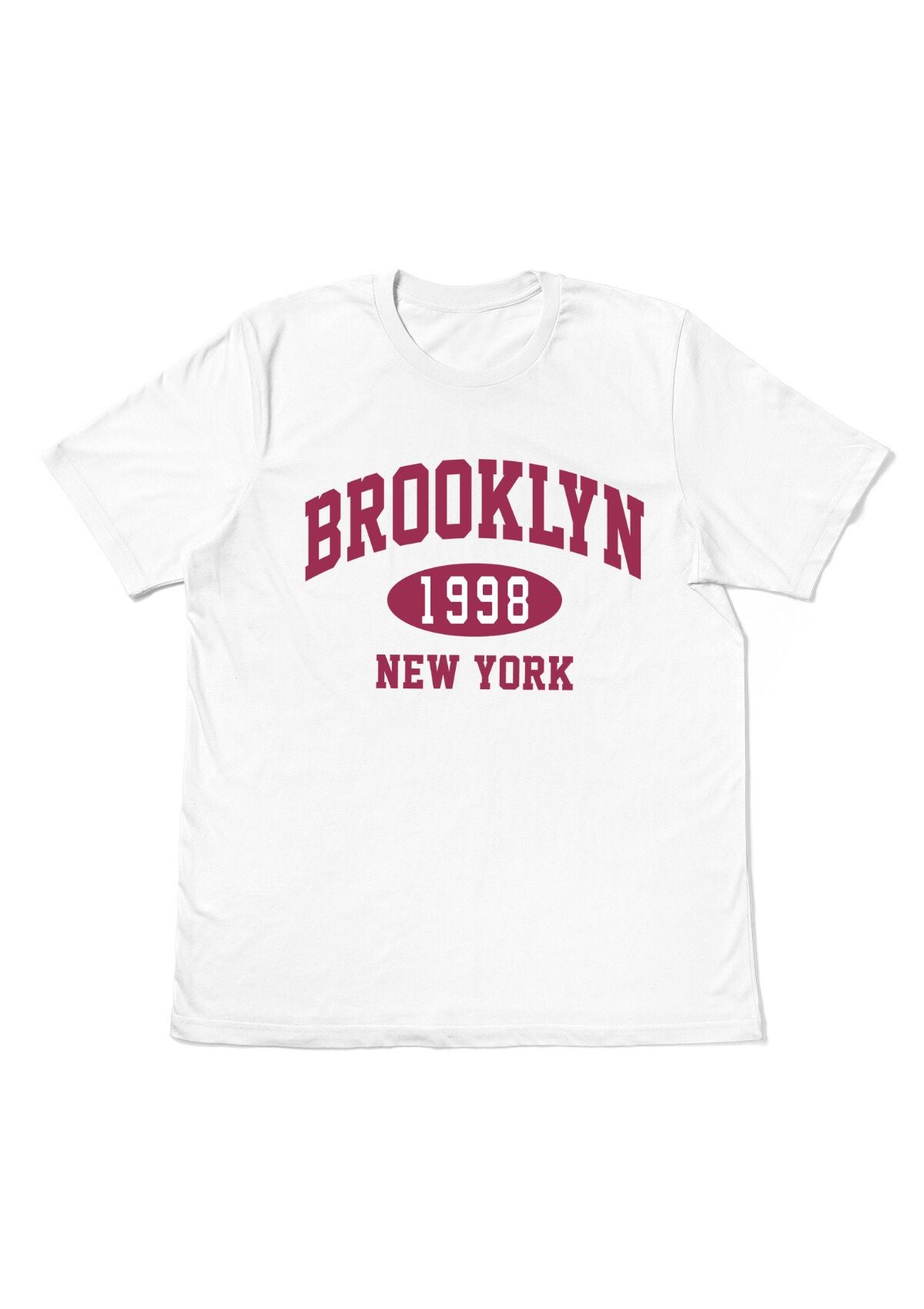 white t-shirt with brooklyn new york 1998 printed in maroon red varsity style lettering