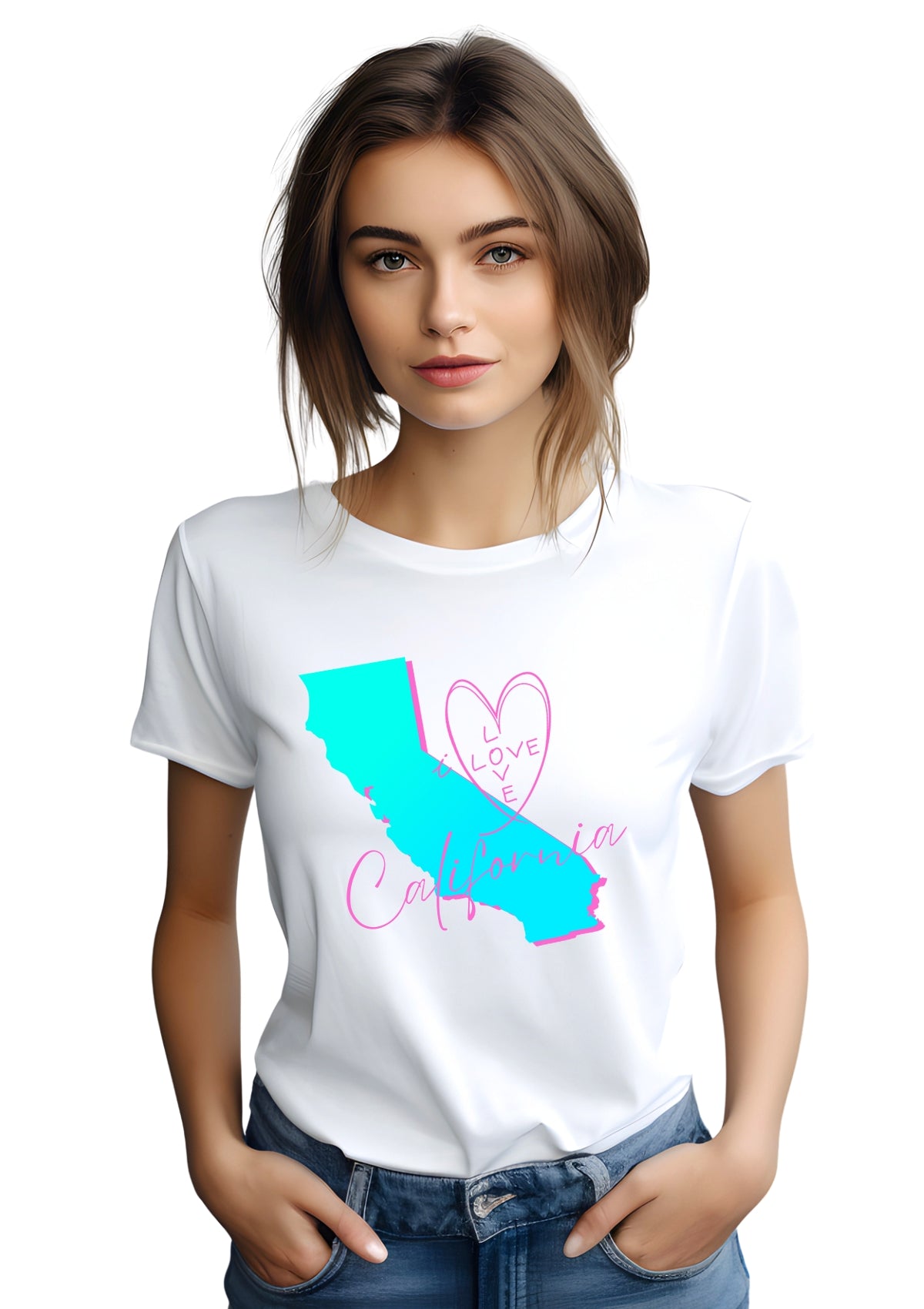 women wearing a I Love California t-shirt that features the map of arizonia in acqua blue and pink highlights