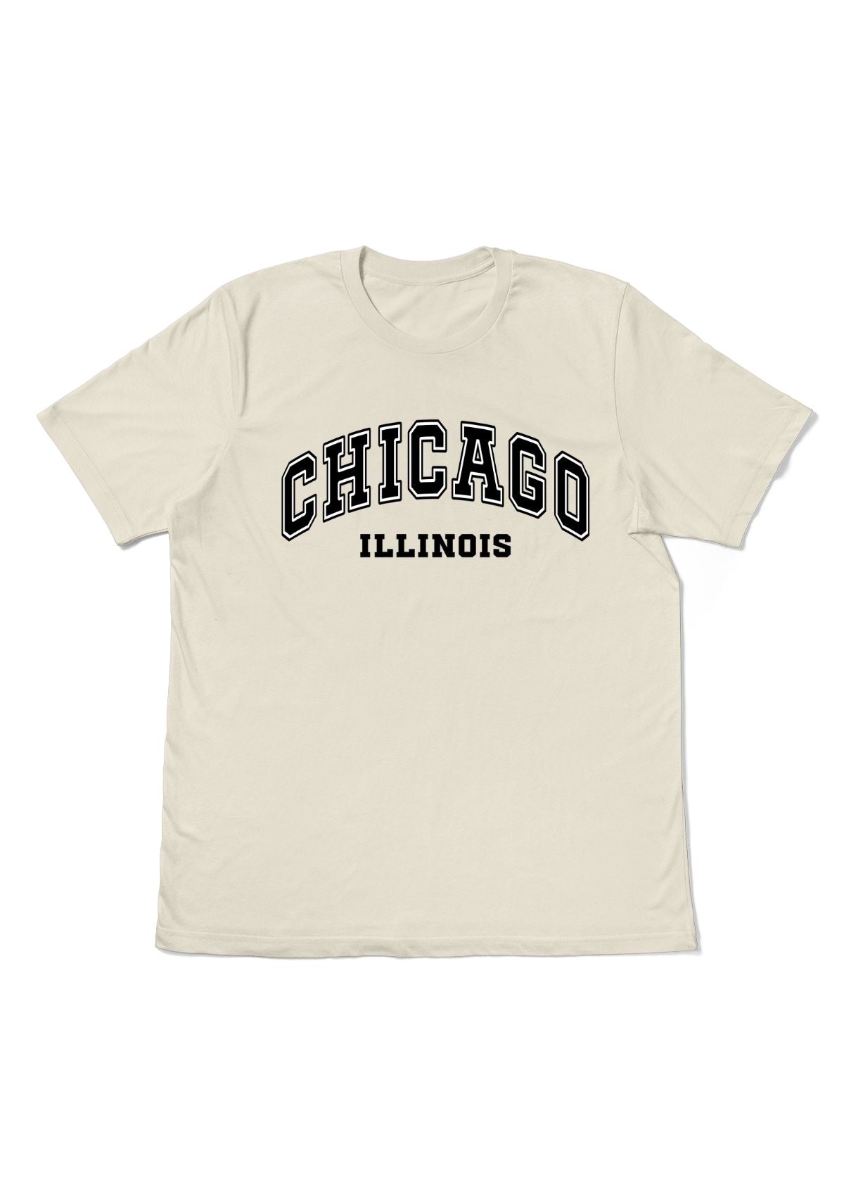 Unisex Chicago Illinois T-Shirt in natural with varsity lettering — made in North America from Air­lume cotton by Tourist Tee Co.