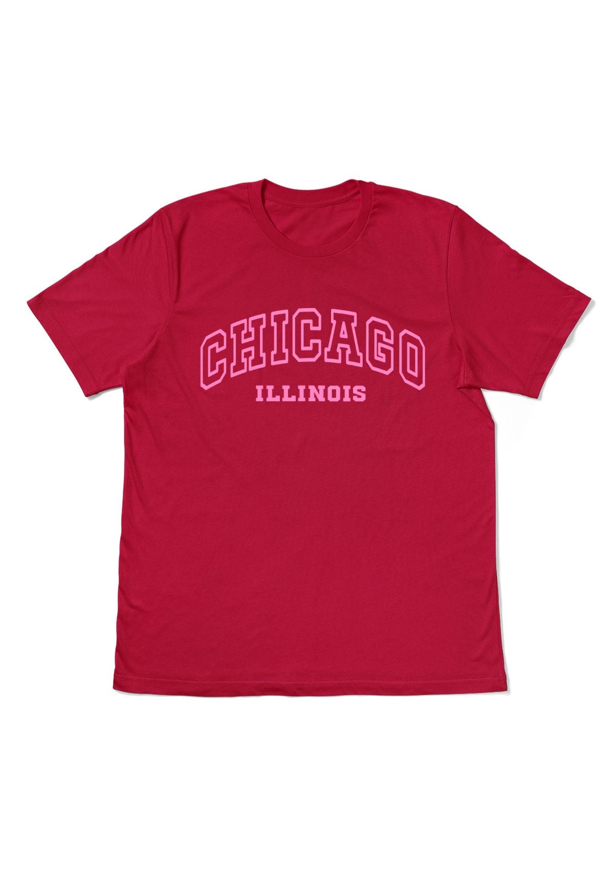 Unisex Chicago Illinois T-Shirt in red with varsity lettering — made in North America from Air­lume cotton by Tourist Tee Co.