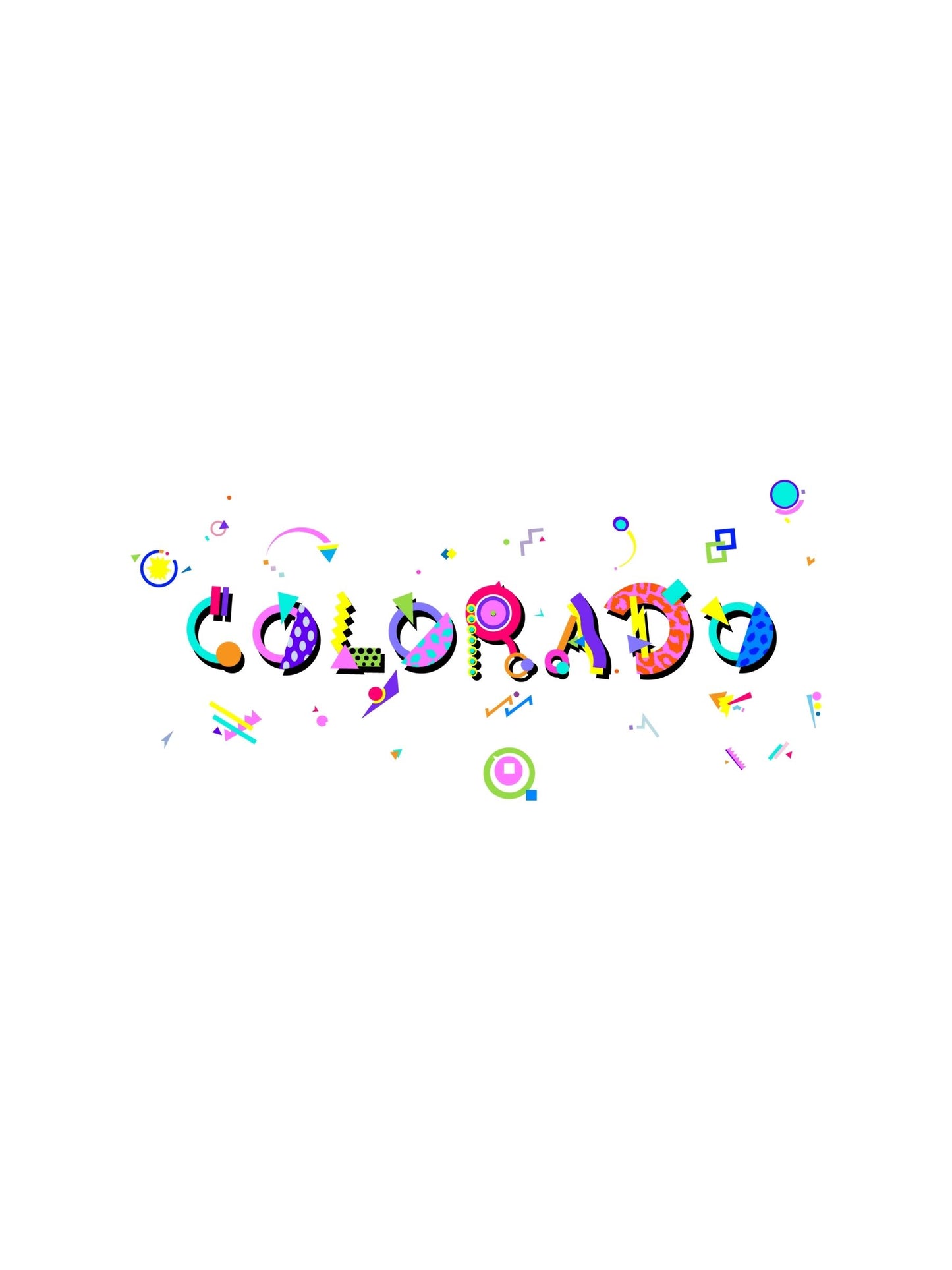 A colorful graphic souvenir t-shirt with the word 'COLORADO' in bold Memphis style fonts