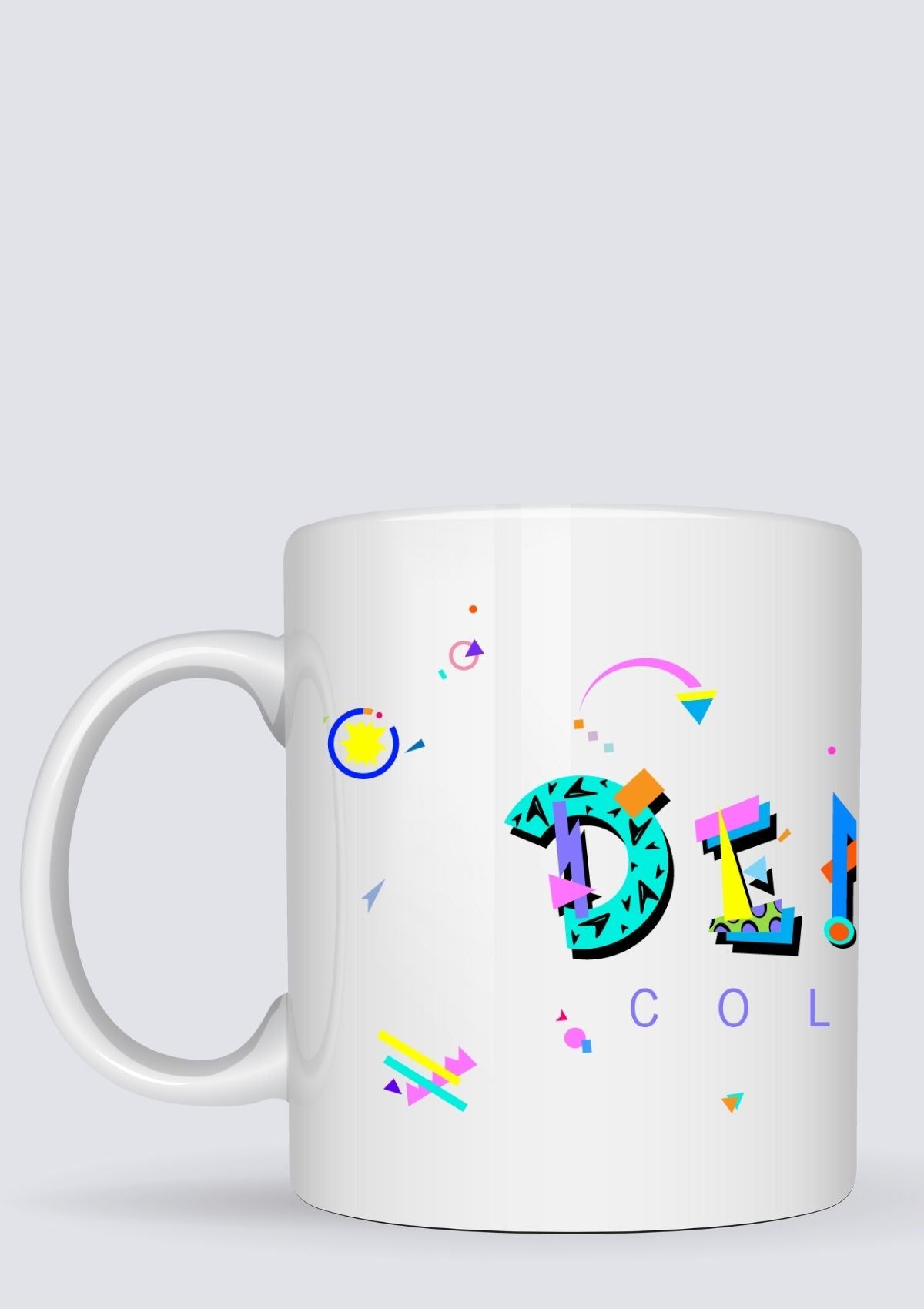 White mug with colorful poptype design 