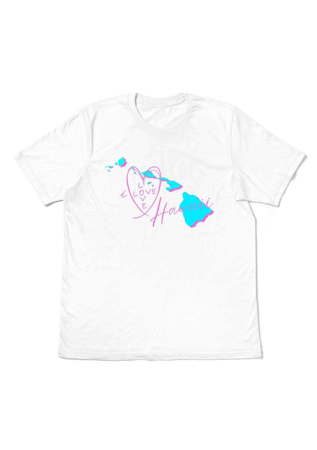 White t-shirt with colorful graphic design of the state of Hawaii 