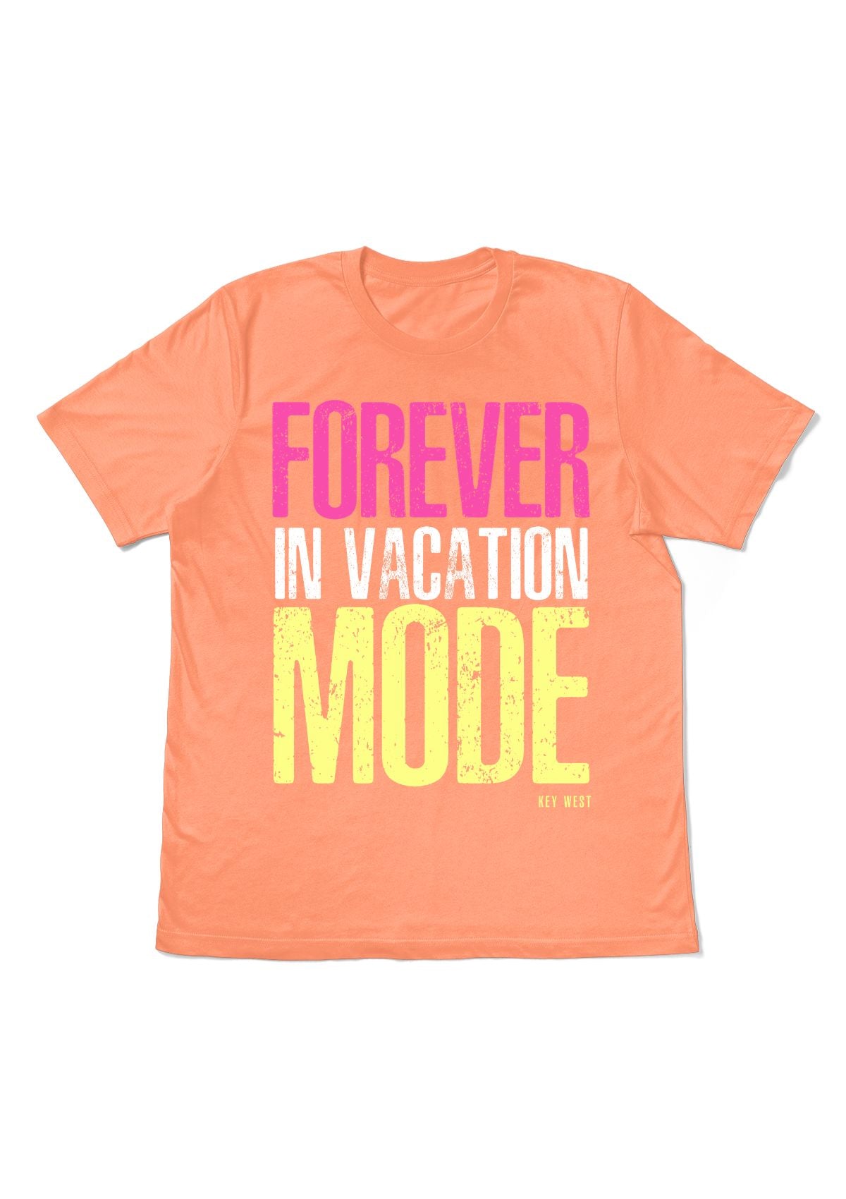 Orange t-shirt with 'Forever in Vacation Mode' text in pink and yellow oversize text fonts