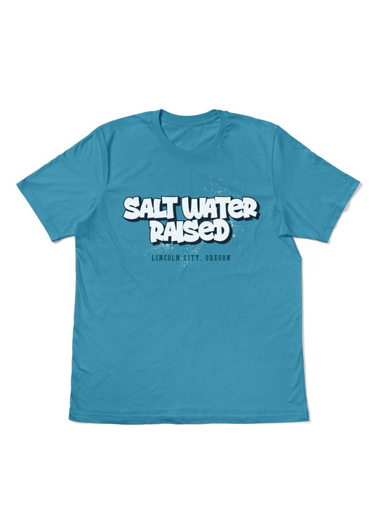 Lincoln City Oregon Aqua Blue t-shirt with 'Salt Water Raised' text on a white background 