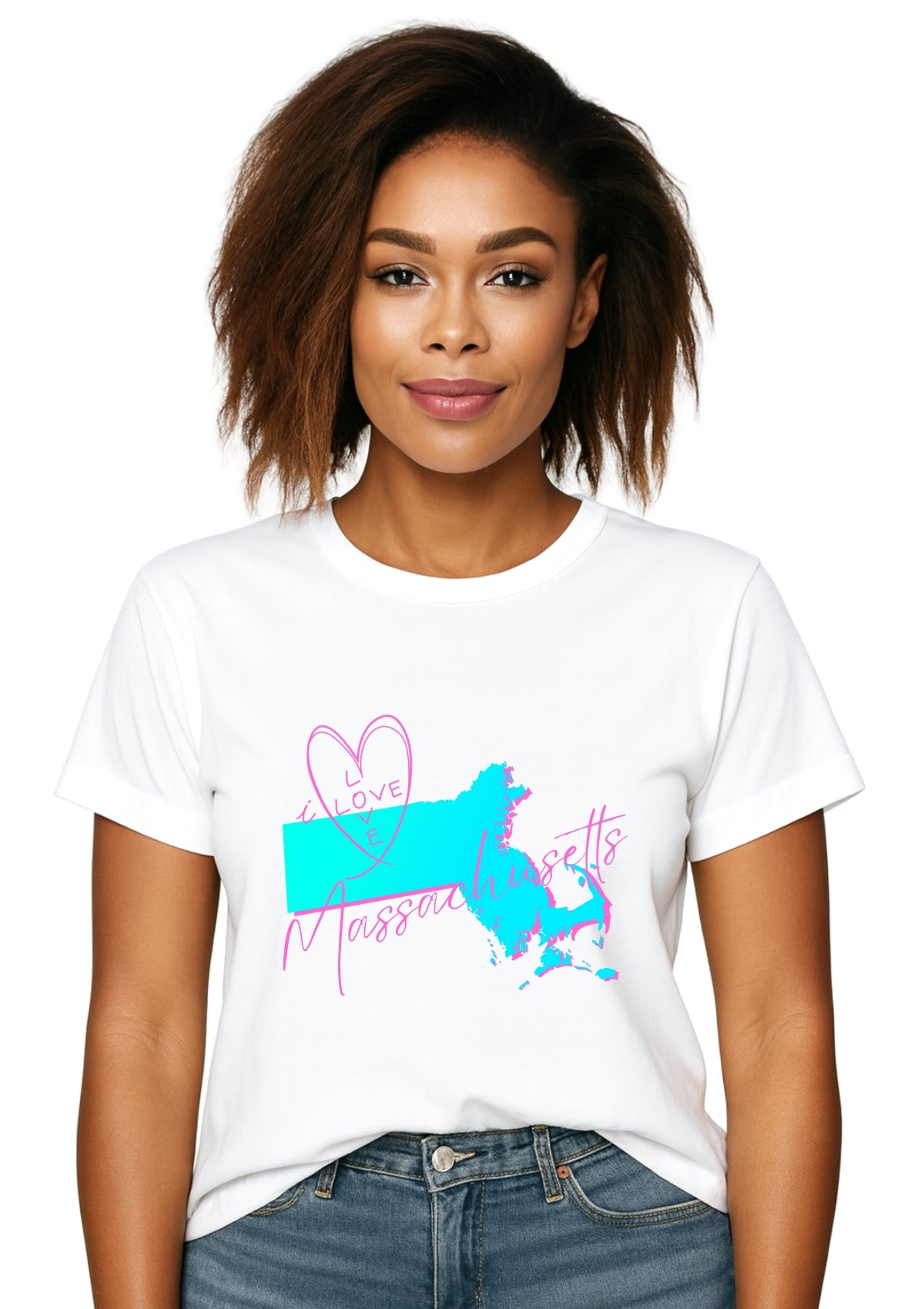 women wearing a I love Massachusetts t-shirt with the state shape graphic in aqua with pink text