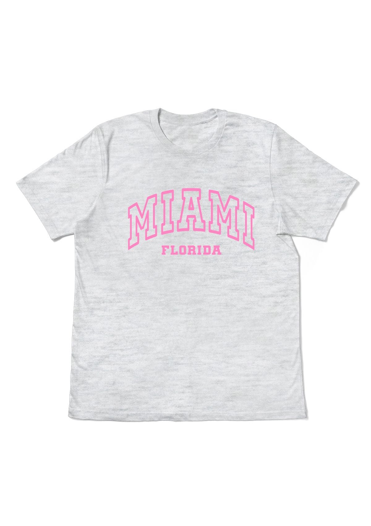 White t-shirt with 'MIAMI FLORIDA' printed in pink
