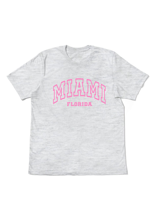 White t-shirt with 'MIAMI FLORIDA' printed in pink