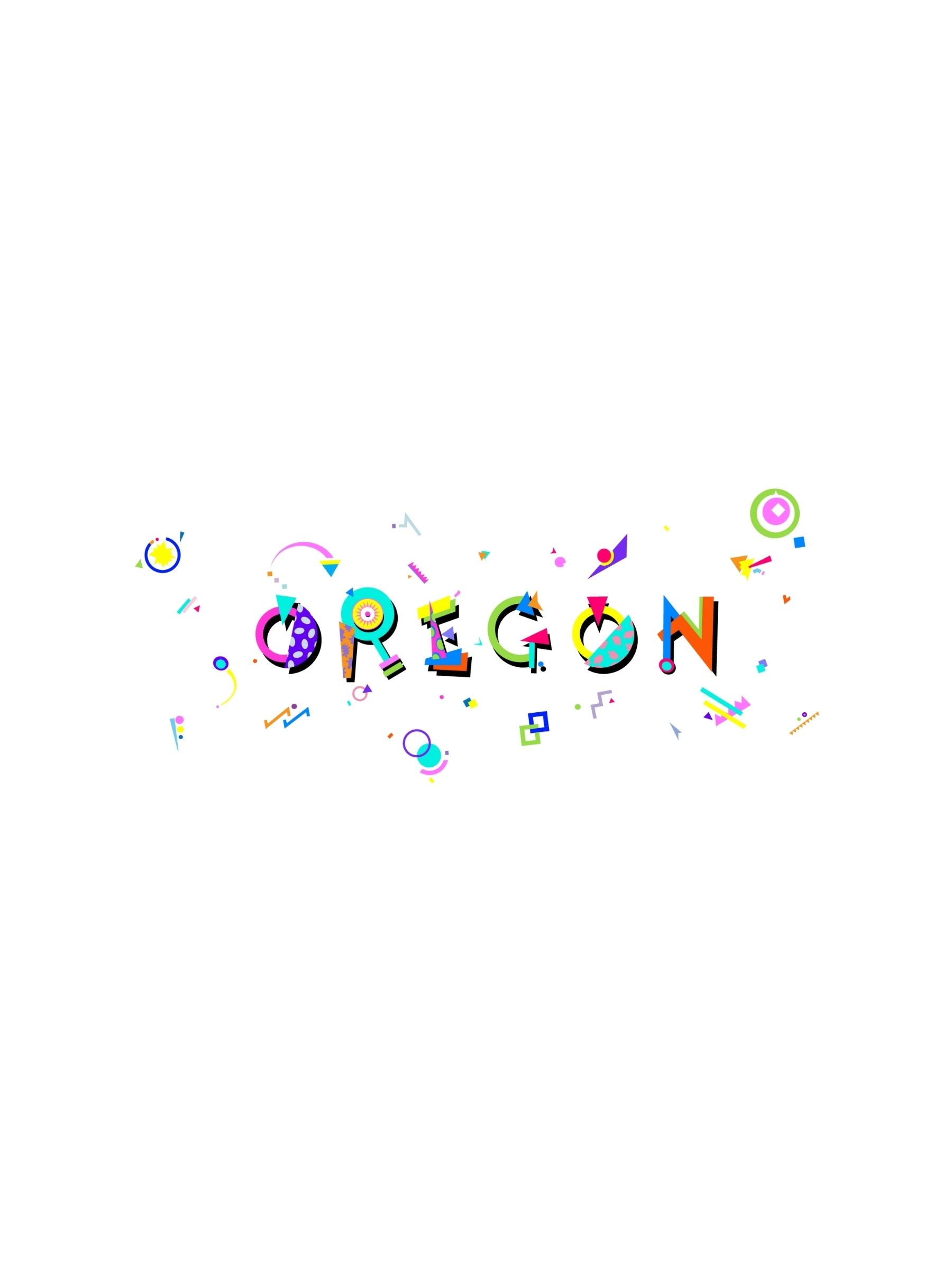 A colorful graphic souvenir t-shirt with the word 'OREGON' written in stylized Memphis style fonts, featuring various playful icons and shapes.