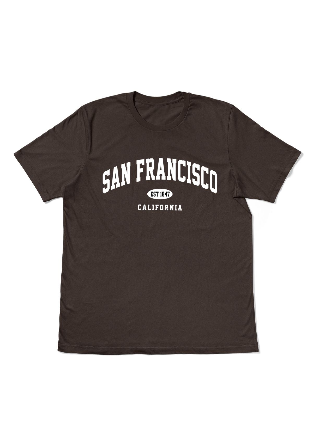 Unisex San Francisco California T-Shirt in vintage brown with white print — Made in North America from Air­lume cotton by Tourist Tee Co.
