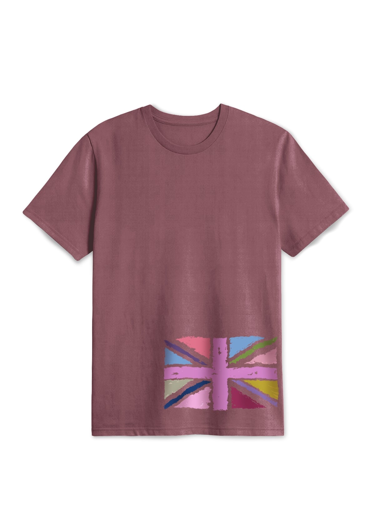 UK-flag positioned in botton left side in pink and pastel colors on a washed maroon t-shirt
