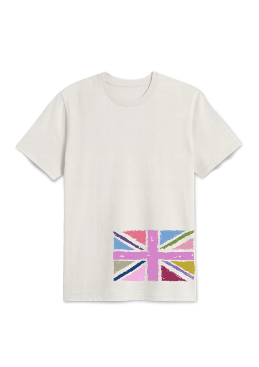 UK-flag positioned in botton left side in pink and pastel colors on a white-t-shirt