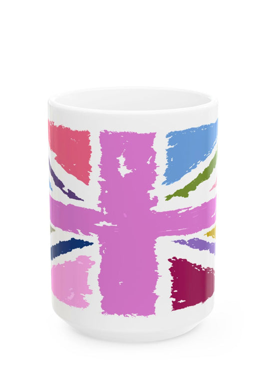 Mug with a colorful Union Jack design on a white background - front view