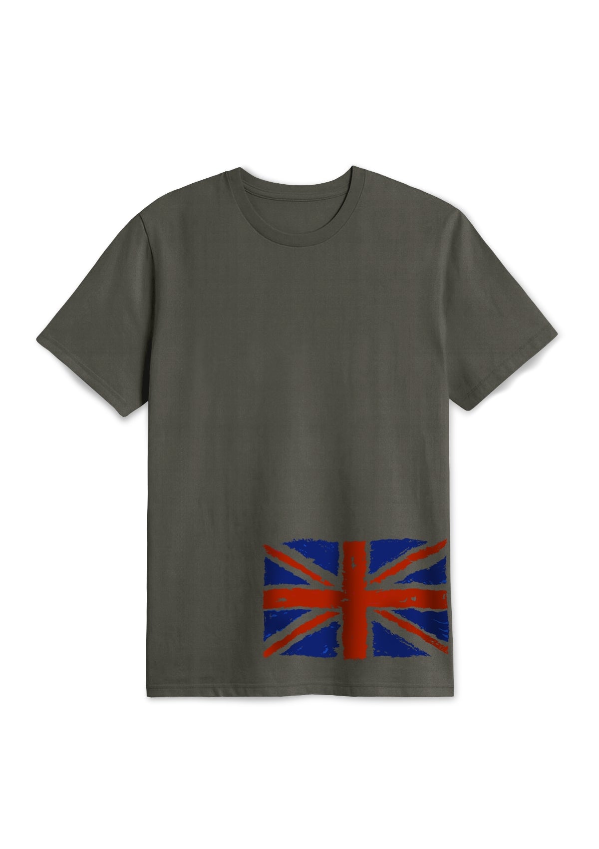 Charcoal t-shirt with a Union Jack design on bottom left side print 