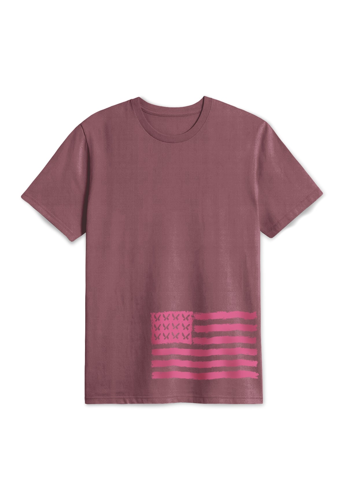 USA-flag-printed on bottom -left-side-in pink-stars-replaced-with butterflies-on-washed-maroon-t-shirt