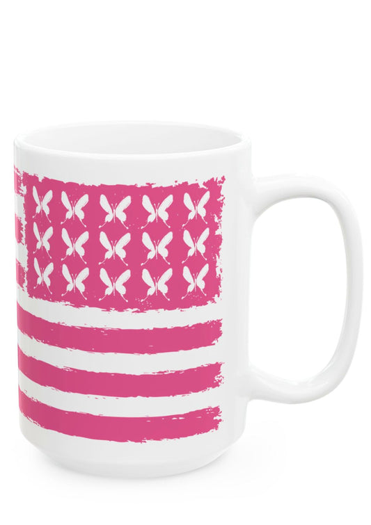 USA Flag in Pink with butterflies for stars on a 15 oz white ceramic mug - right view