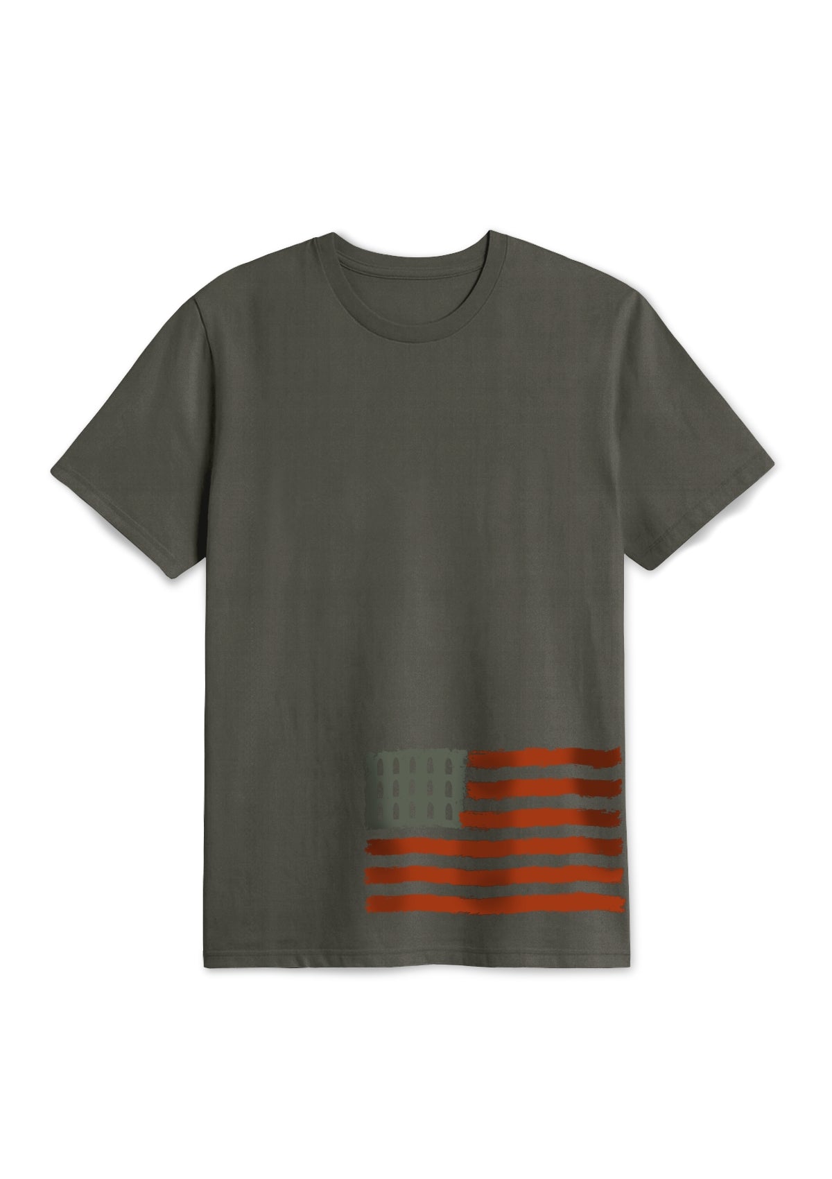 USA-charcoal-gray-t-shirt-featuring-the-flag-printed-on-bottom-left-sideof-tshirt-stars-replaced-with-bullets