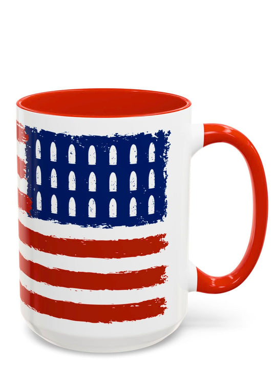 USA Flag Mug with bullet holes in the place of stars - ink and asphalt art design - left side view