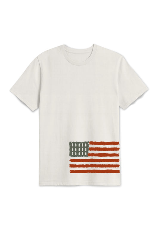 USA flag print on left bottom side of the white-t-shirt-stars replaced with bullets