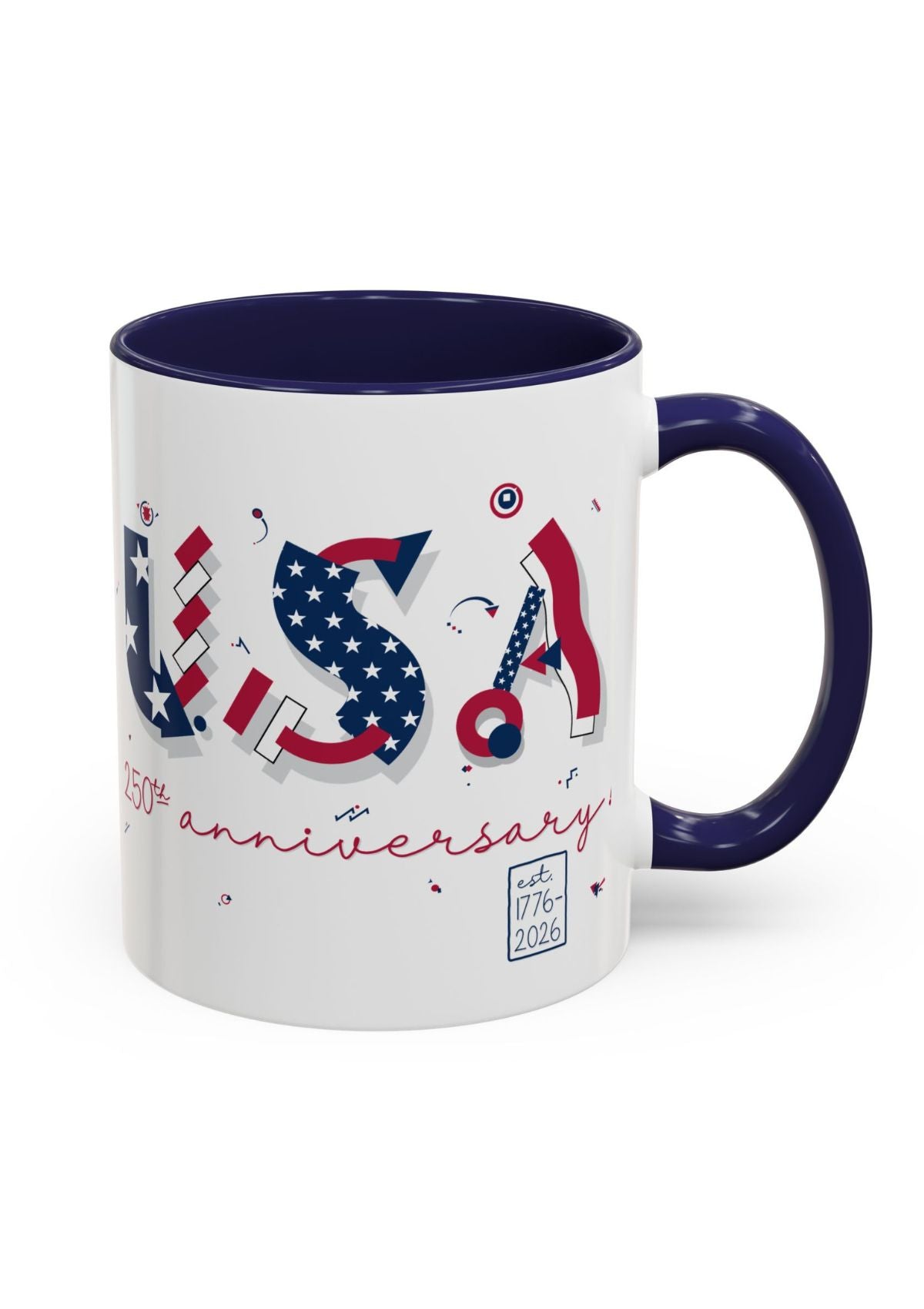 Mug with USA 240th anniversary design on a white background with blue interior and handle